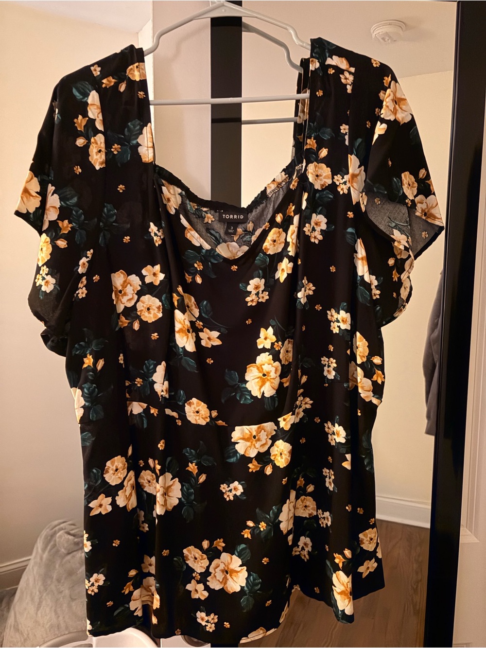 Torrid Black Floral Scoop Neck Blouse with Yellow Blooms